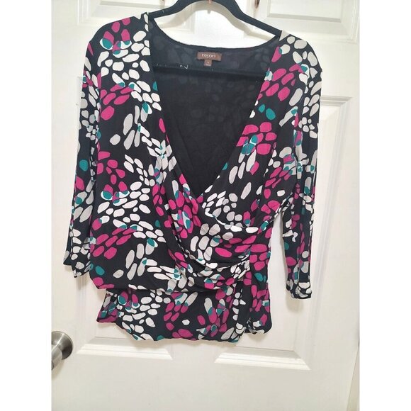 Tesori Womens Multicolor Floral Print Drape V-Neck Silky Top Size XL - Picture 1 of 11